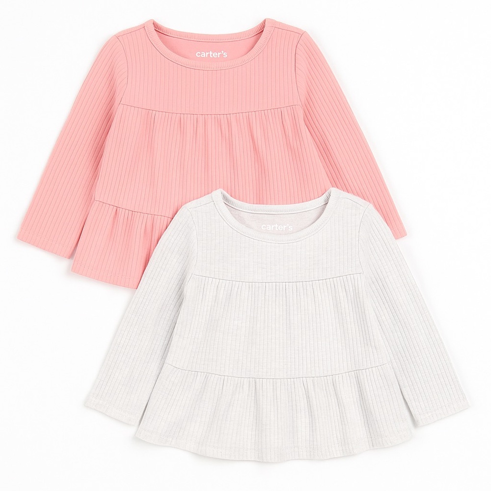 Carter’s Girls 24M‎ Pink Gray Ribbed Peplum Long Sleeve Tops 2pc Bundle